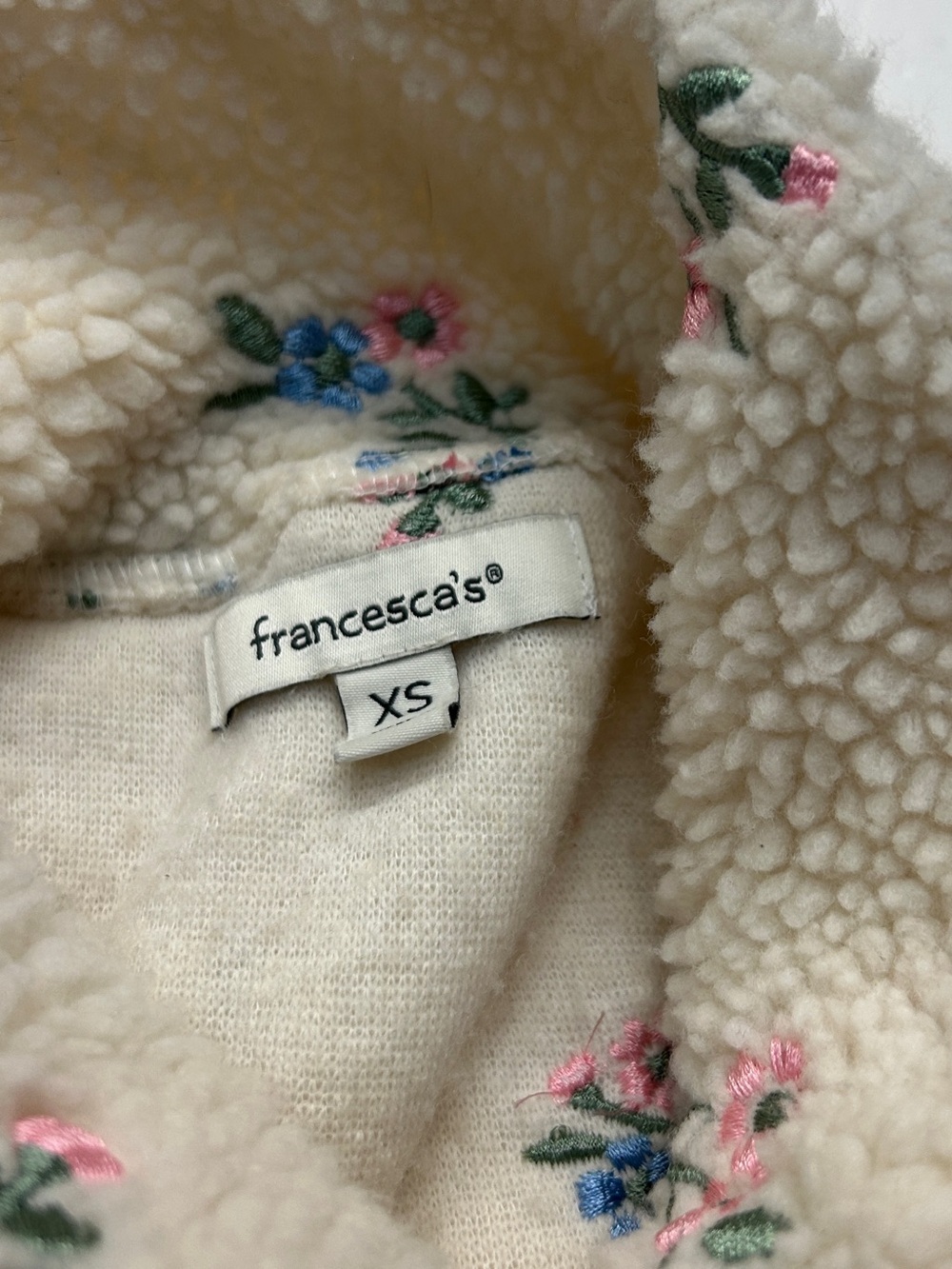 Francesca's Selena Floral Embroidered Sherpa Quarter Zip Pullover Cream Pink - Picture 6 of 6
